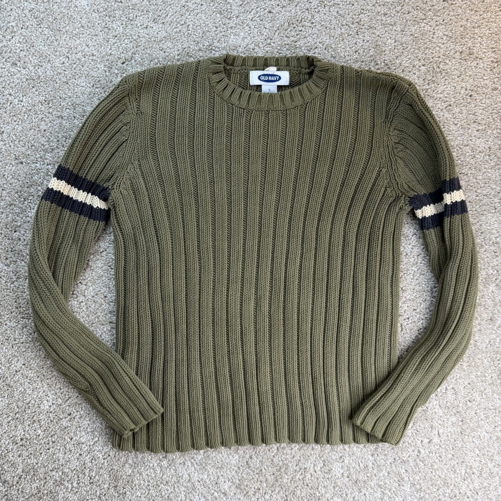 Y2K Old Navy Sweater Womens S Green Ribbed Knit Crewneck Striped Sleeves